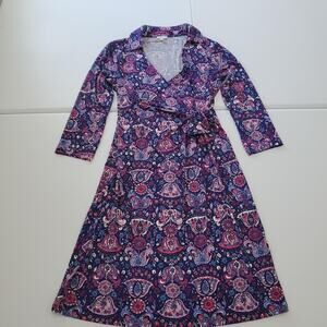 Talbots Dress Womens Medium Navy Pink Paisley Wrap Long Sleeve Collared A-Line